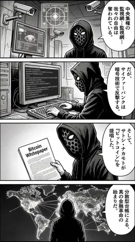 Пример идеи японской манги, объясняющей происхождение Bitcoin через персонажа с референса.