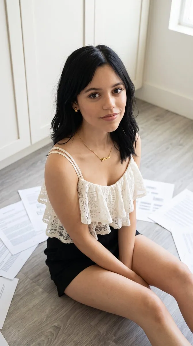 Промпт описывает портрет Jenna Ortega, сидящей на полу в светлом помещении с минималистичной мебелью. · пример 1