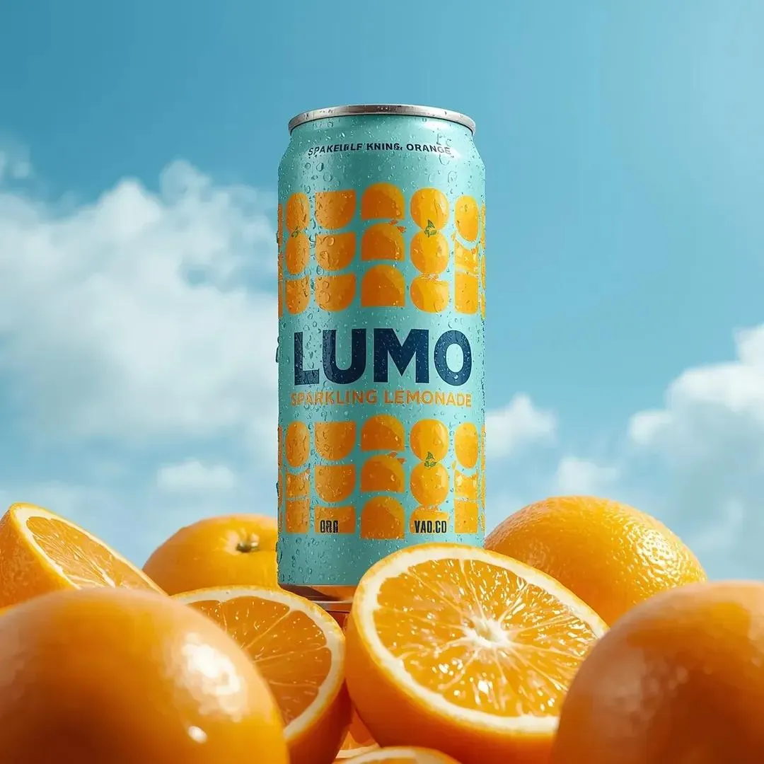 Текстовый промпт для рекламной фотографии банки LUMO с апельсинами. · пример 2