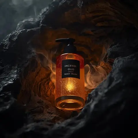 Пример промпта для премиальной фотографии флакона Incense Oud Body Wash среди древесины и дыма ладана.