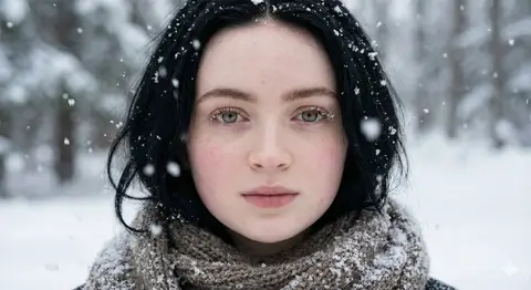 Пример JSON-промпта для макропортрета Sadie Sink со снежинками в волосах и на ресницах.