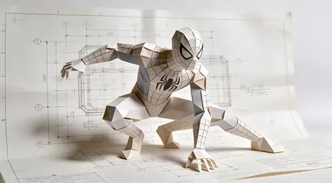 Фотореалистичный бумажный чертёж Spider-Man с геометрическими складками и размерными линиями.