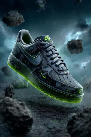 Промт для видео с кроссовком Nike Air Force, вырезанным из метеорита.