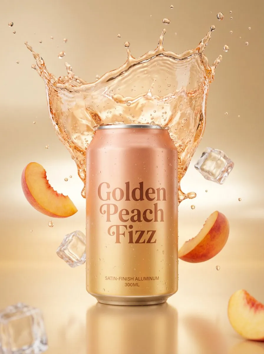 Описание JSON-промпта для премиальной предметной фотографии банки Golden Peach Fizz. · пример 4