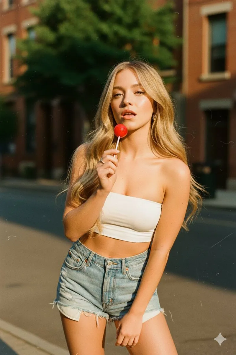 Sydney Sweeney держит красный леденец у лица на винтажном портрете с тёплой плёночной фактурой. · пример 2