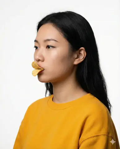 Пример JSON-промпта для концептуального портрета с двумя чипсами Pringles на губах.