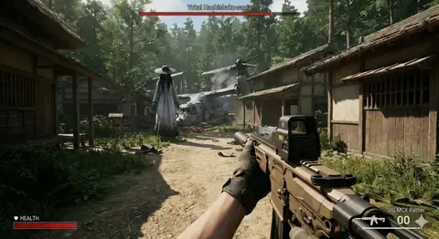 Человек сталкивается с ёкаем Haxtusyaku-sama в игровом FPS-стиле.