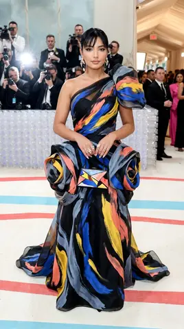 Взрослая женщина в скульптурном авангардном платье на красной дорожке Met Gala