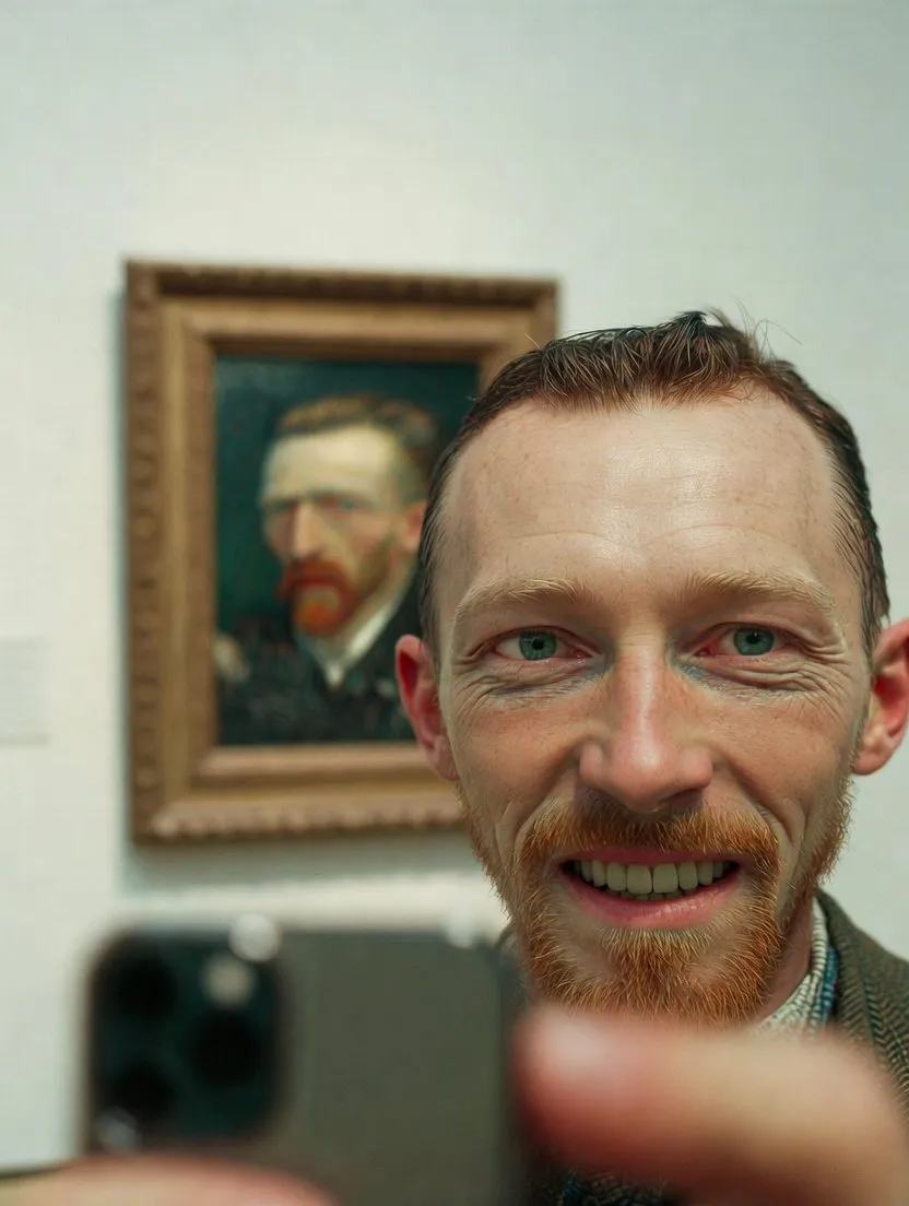 Vincent van Gogh делает селфи в музее; за ним висит его автопортрет · пример 2