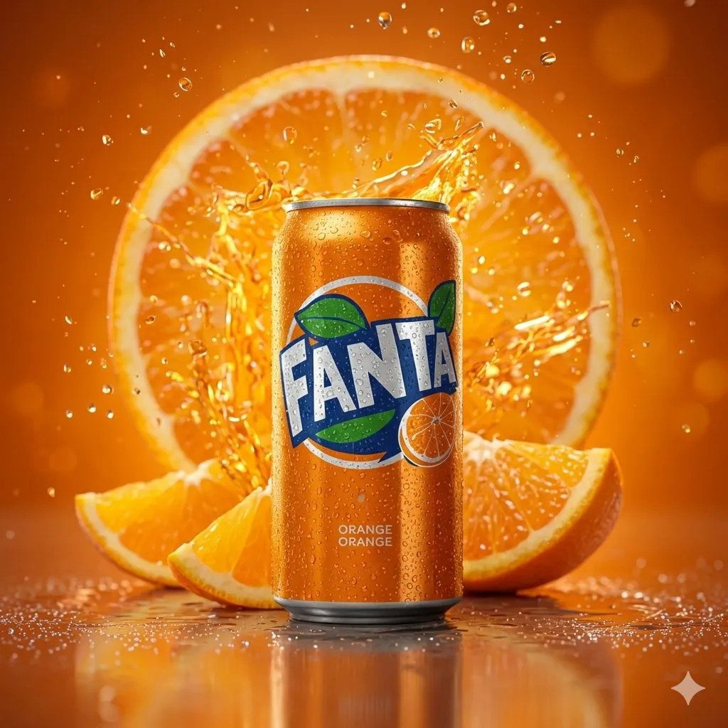 Алюминиевая банка Fanta Orange в окружении разлетающихся долек и брызг. · пример 2