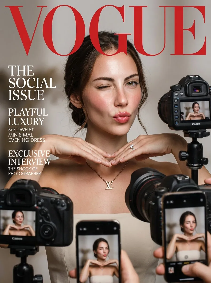 Пример промта для модной обложки Vogue с женщиной среди камер и смартфонов. · пример 2