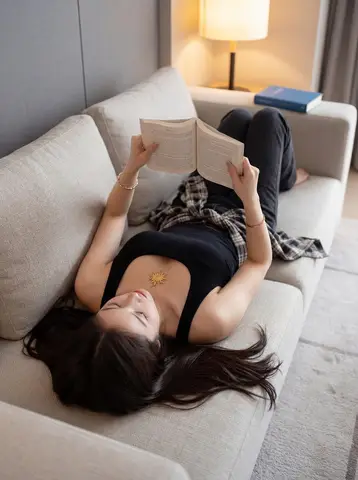Фрагмент промпта описывает женщину с книгой на диване при тёплом рассеянном свете.