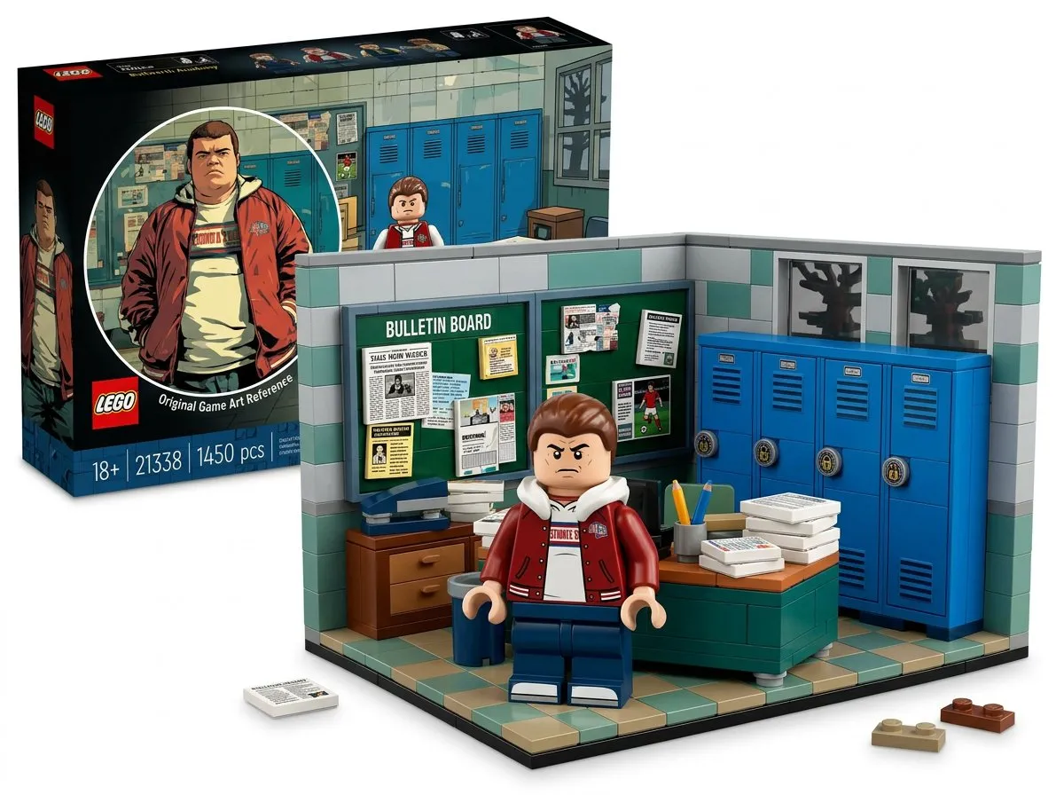 Собранный набор LEGO с минифигурками стоит на белом фоне перед коробкой. · пример 1