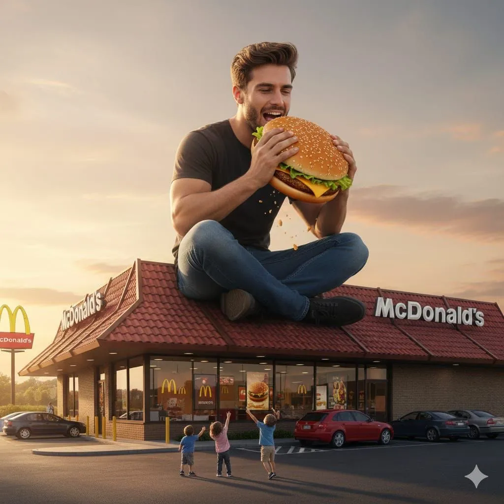 Гигант сидит на крыше ресторана McDonald’s с огромным чизбургером, а внизу дети тянутся к нему. · пример 2