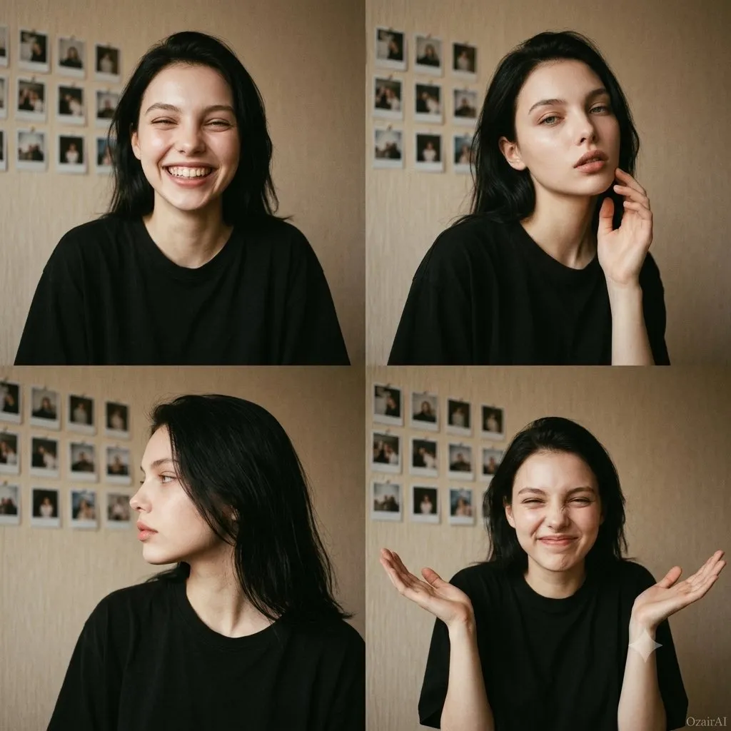 Квадратный коллаж показывает четыре разных непринуждённых выражения одной женщины.