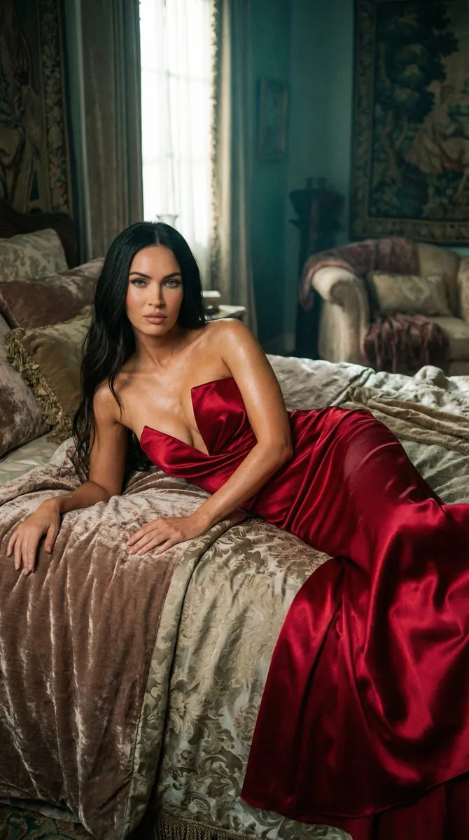 Пример структурированного промпта для кинематографичного портрета Megan Fox в атласном платье. · пример 3