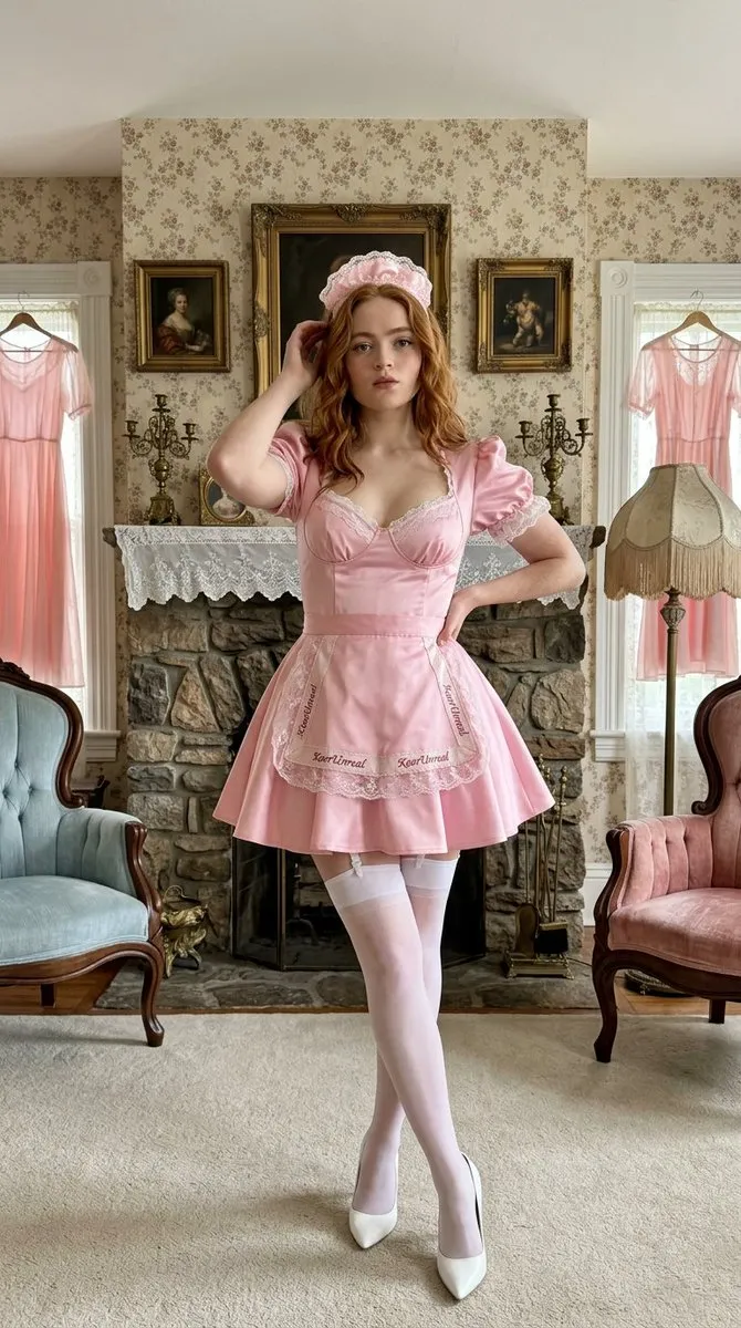 Sadie Sink в розовой атласной форме горничной на фоне винтажной викторианской гостиной · пример 1