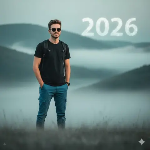 Молодой мужчина стоит в туманных горах, а над ним светится надпись «2026».