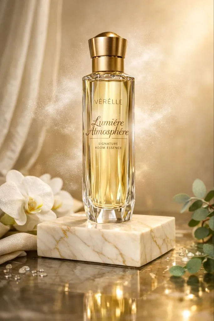 Флакон VÉRÉLLE Lumière Atmosphère на мраморном постаменте в облаке ароматной дымки. · пример 2