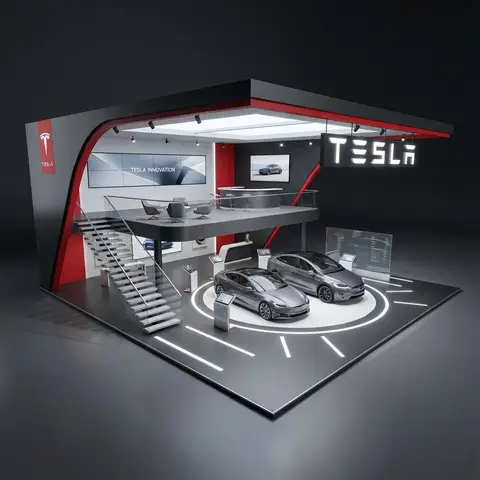 Пример 3D-визуализации двухэтажного выставочного стенда Tesla на тёмном студийном фоне.