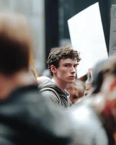 Мужчина в повседневной толстовке среди участников протеста; герой в фокусе, толпа размыта