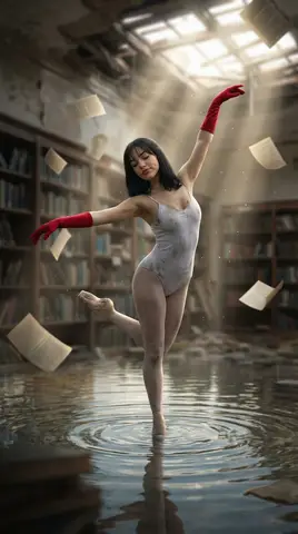 Балерина в красных перчатках танцует на воде среди старых книг.