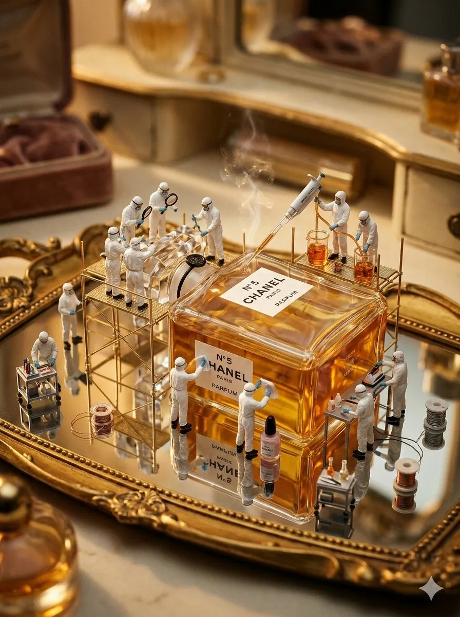 Миниатюрные рабочие полируют банку Coca-Cola и флакон Chanel No. 5. · пример 2
