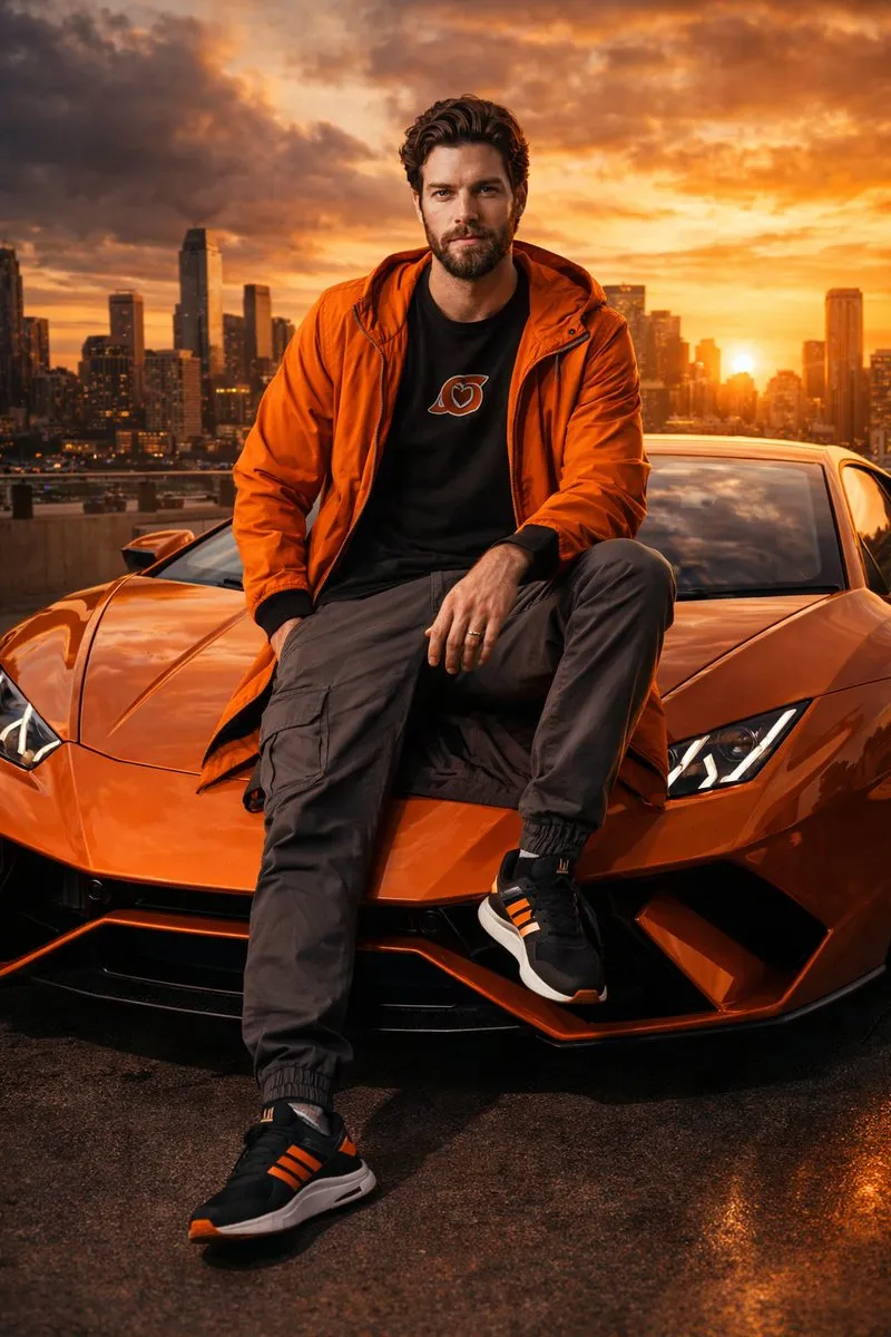Пример промпта для мужчины в уличной одежде на капоте Lamborghini. · пример 2