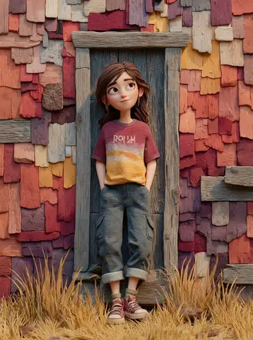 Промпт для двух стилизованных 3D-иллюстраций девушки на фоне декоративных деревянных стен.