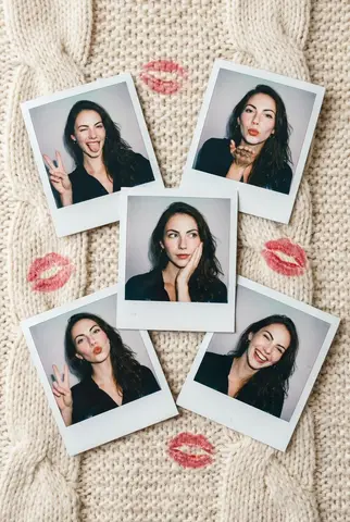 Пять винтажных снимков Polaroid разложены на кремовом пледе с отпечатками поцелуев.