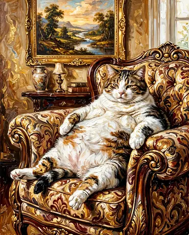 Пример живописной сцены с крупным белым котом в узорчатом кресле и пейзажной картиной на стене.