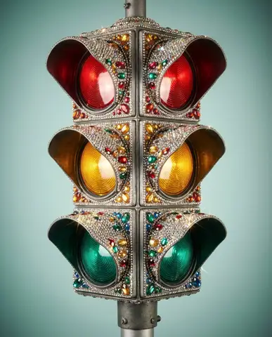 Пример к промпту: винтажный светофор со стразами и кристаллами на светло-бирюзовом фоне.