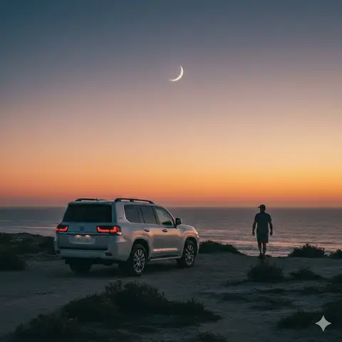 Пример промпта для Toyota Land Cruiser у океана в сумеречном свете.