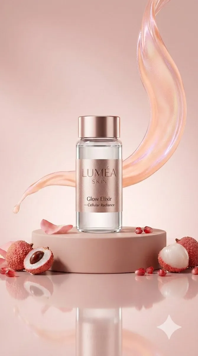 Янтарный флакон LUMÉA SKIN Glow Elixir на розовом пьедестале среди лепестков роз и личи. · пример 2