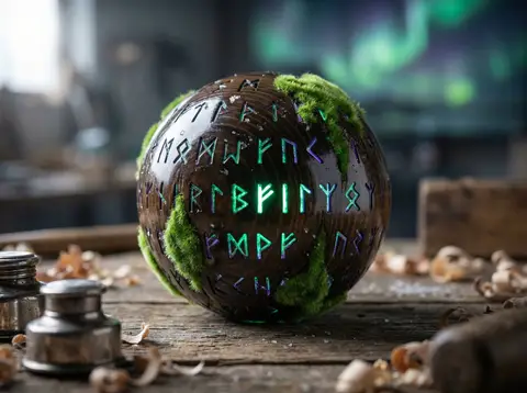 Сферический деревянный фонарь с рунами и зелёным светящимся мхом на верстаке
