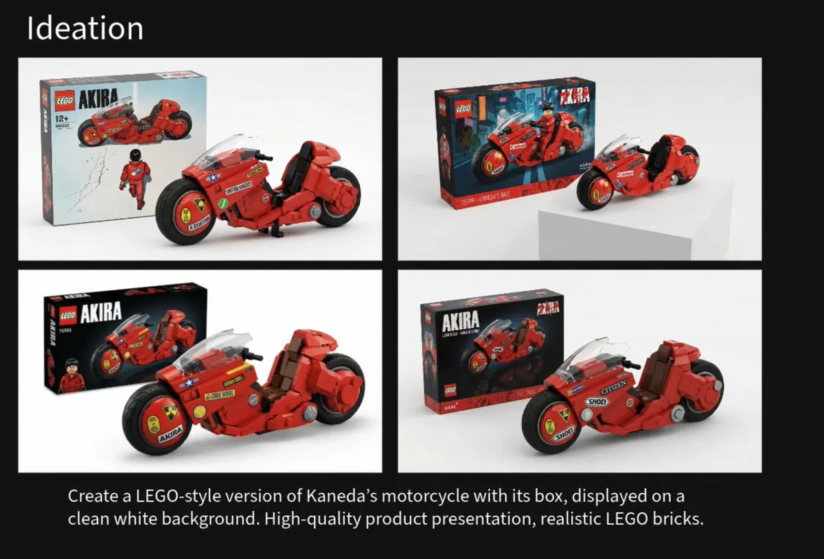 Промпт для предметного кадра мотоцикла Kaneda в стиле LEGO вместе с коробкой.