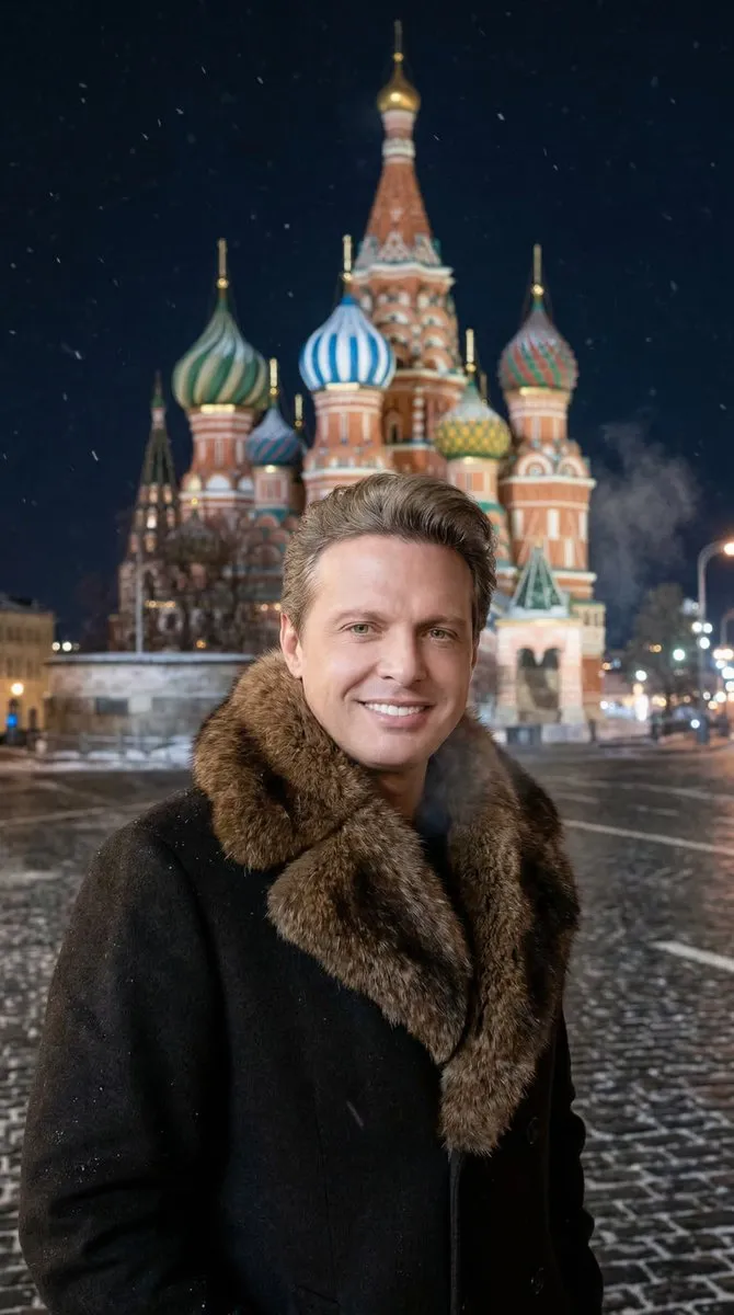 Пример промпта для зимнего портрета Luis Miguel на Красной площади.