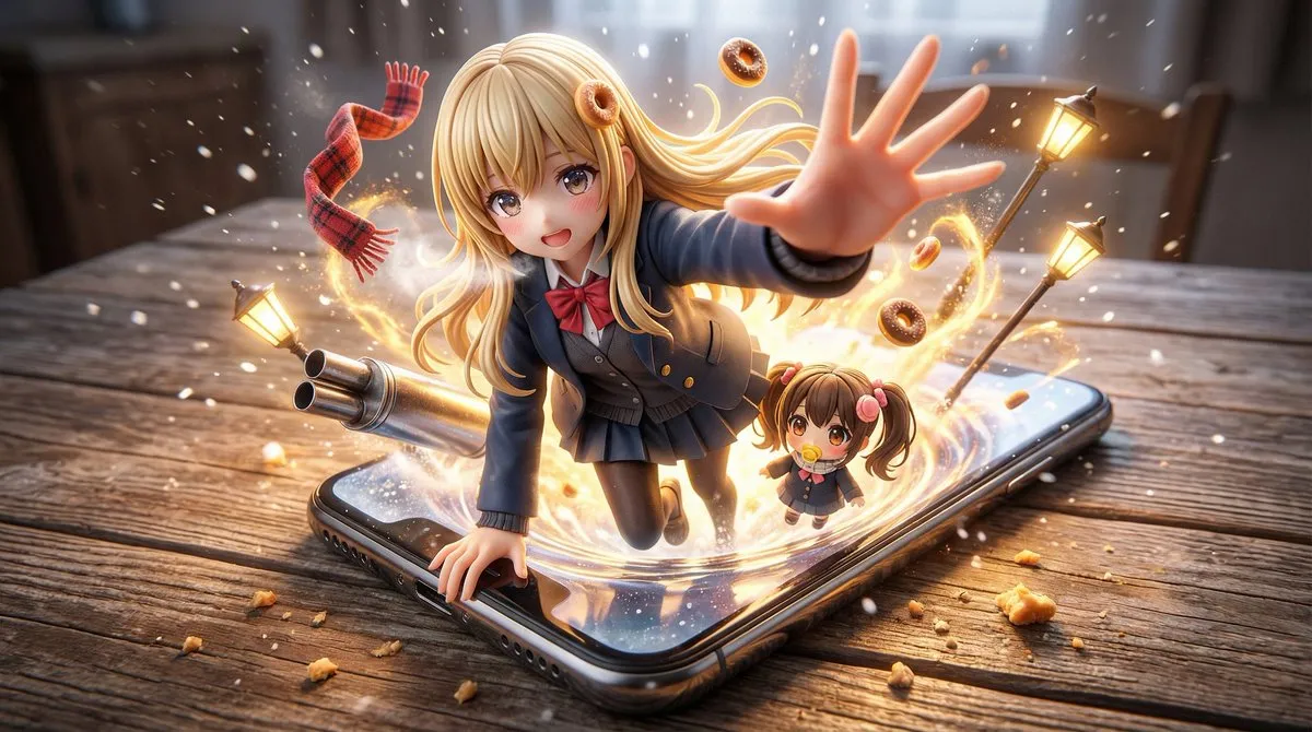 Пример двух промптов для сцены с персонажем, выходящим из смартфона. · пример 4