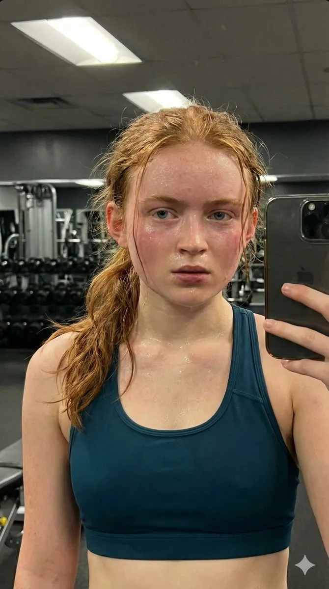Sadie Sink после тренировки делает селфи в спортзале: рыжие волосы собраны в хвост, кожа покрыта потом. · пример 1