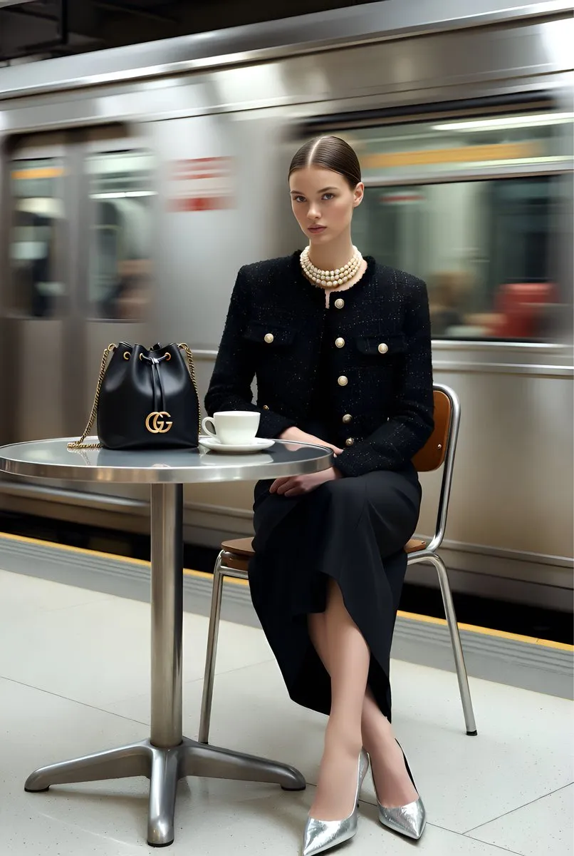Пример из источника для модной сцены с сумкой Gucci на платформе метро. · пример 2