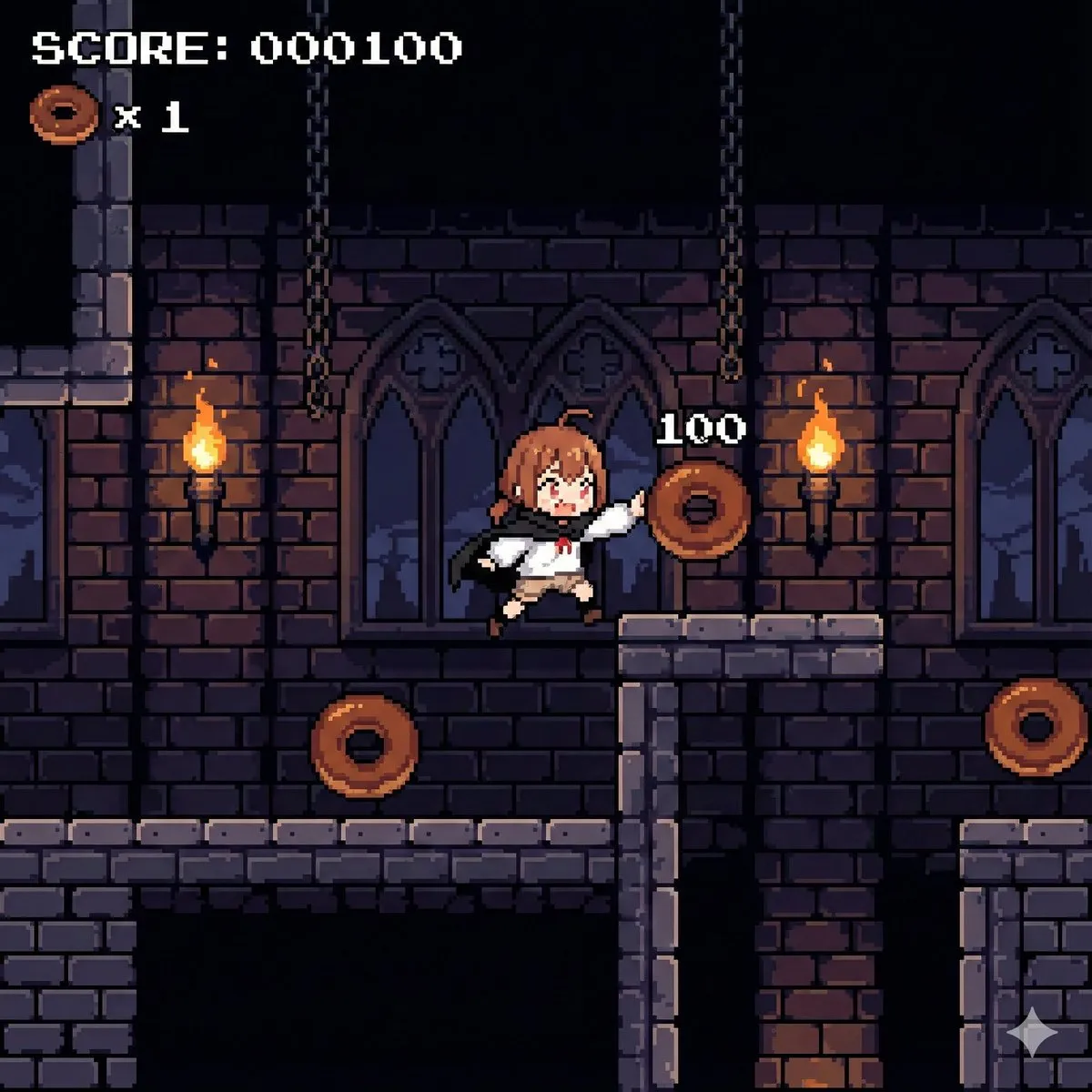 Три 16-битные игровые сцены: платформенный экшен, RPG-сражение и приключенческий диалог · пример 4