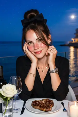 Женщина сидит за белым столом на террасе у моря в украшениях Gucci и часах Patek Philippe; изображение выполнено со вспышкой.