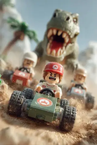 Минифигурка Lego на мини-снегоходе уходит от белого медведя по снегу.