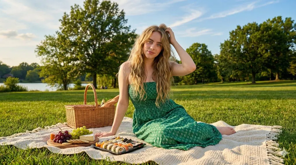 Промпт для портрета Billie Eilish на пикнике в солнечном парке. · пример 2