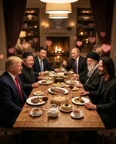 Промпт для фотореалистичной сцены свидания с несколькими персонажами в общей обстановке.