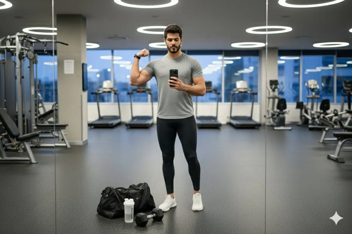 Человек в спортивной одежде фотографирует себя в зеркале современного спортзала. · пример 3
