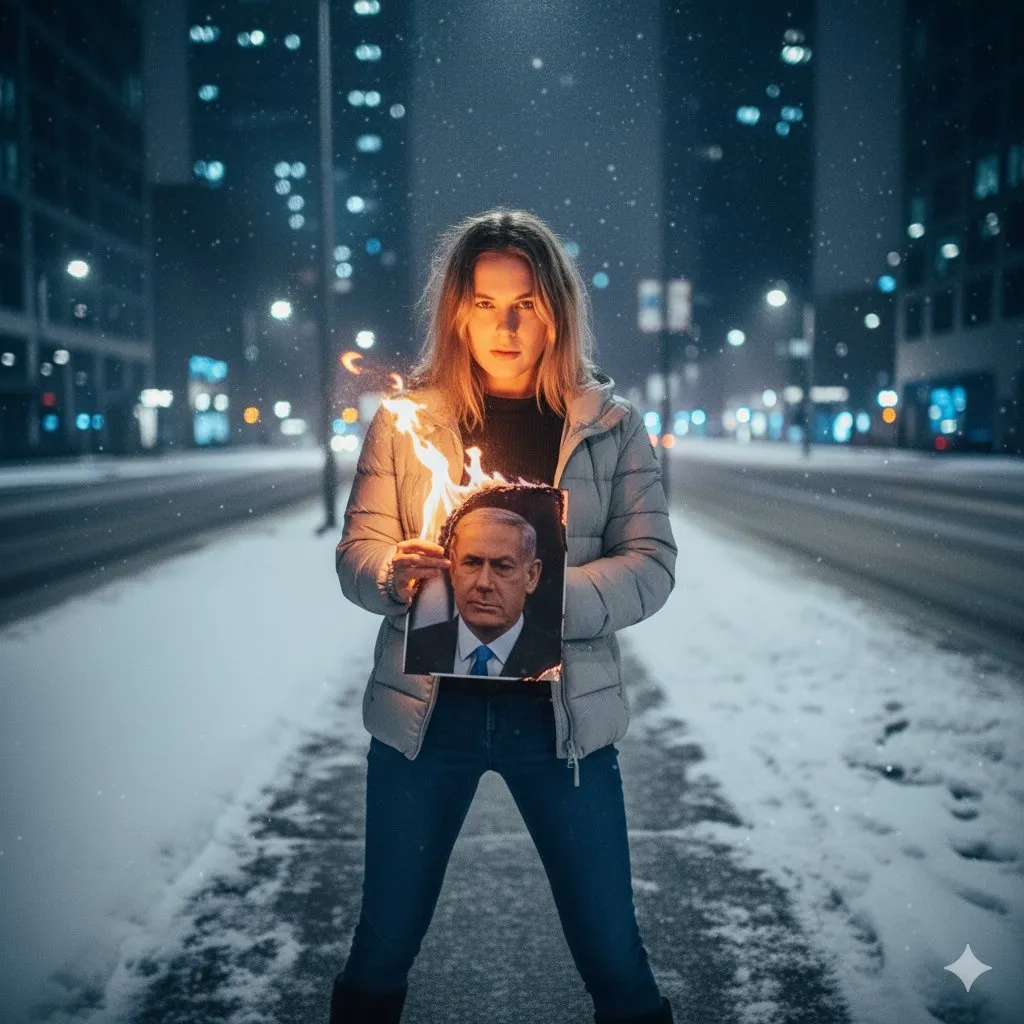 Женщина на заснеженной улице прикуривает сигарету от горящей фотографии. · пример 1