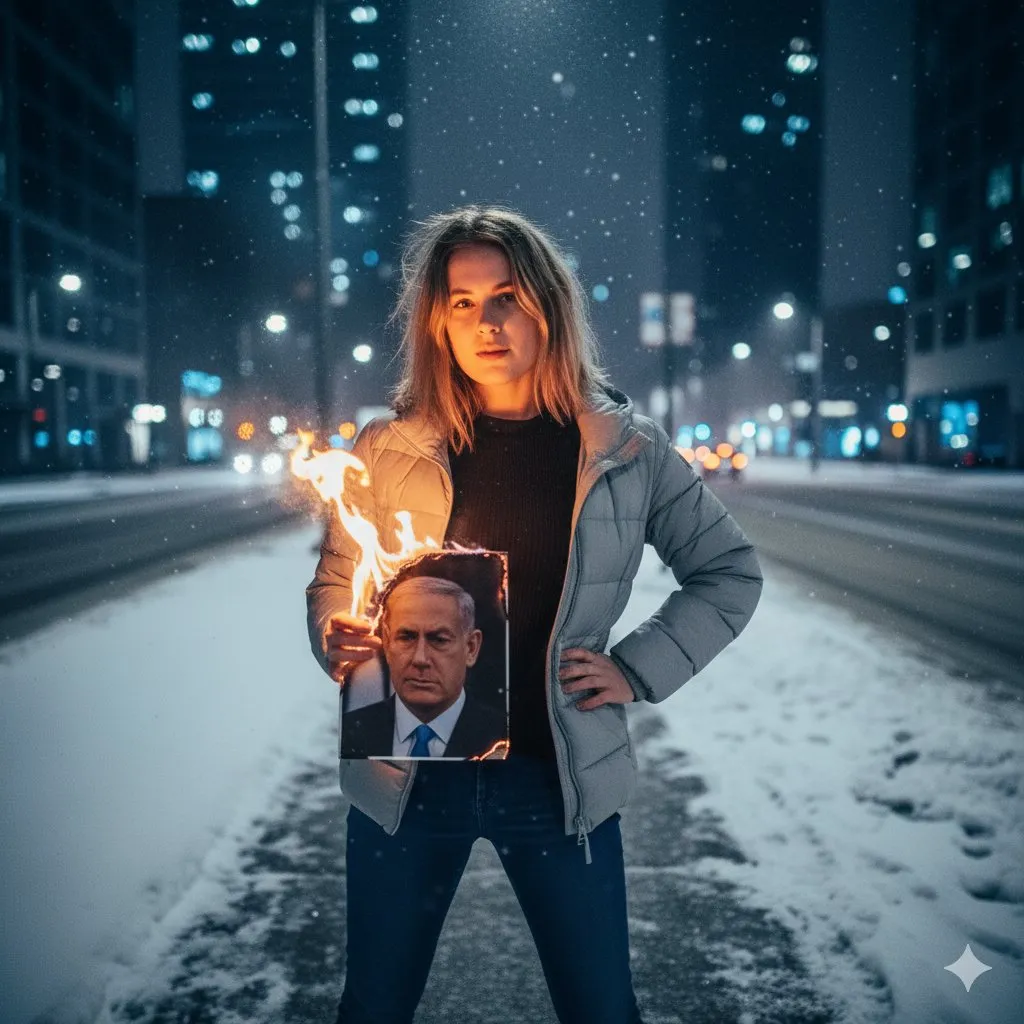 Женщина на заснеженной улице прикуривает сигарету от горящей фотографии. · пример 2