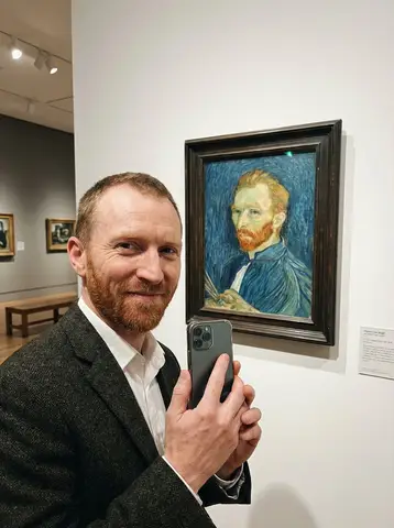 Vincent van Gogh делает селфи в музее; за ним висит его автопортрет