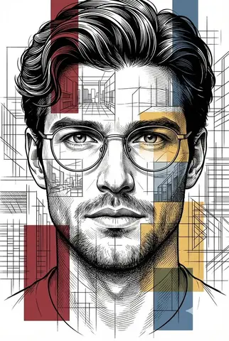 Пример геометрического портрета с линейной графикой, штриховкой и акцентами красного, синего и жёлтого.